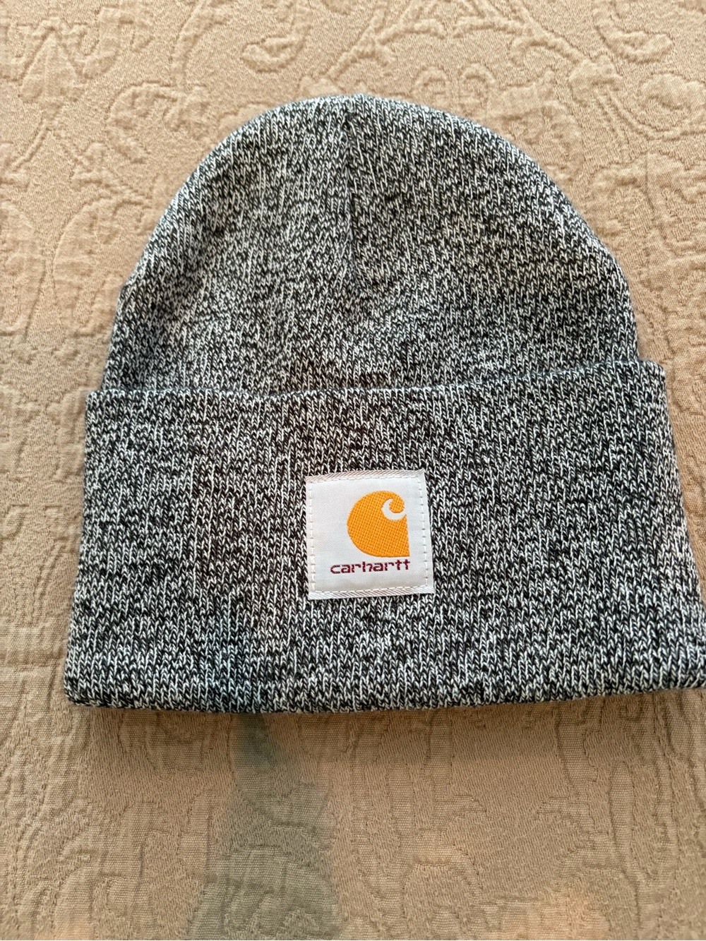 Carhartt Gray Marled Knit Beanie with Yellow Logo Patch